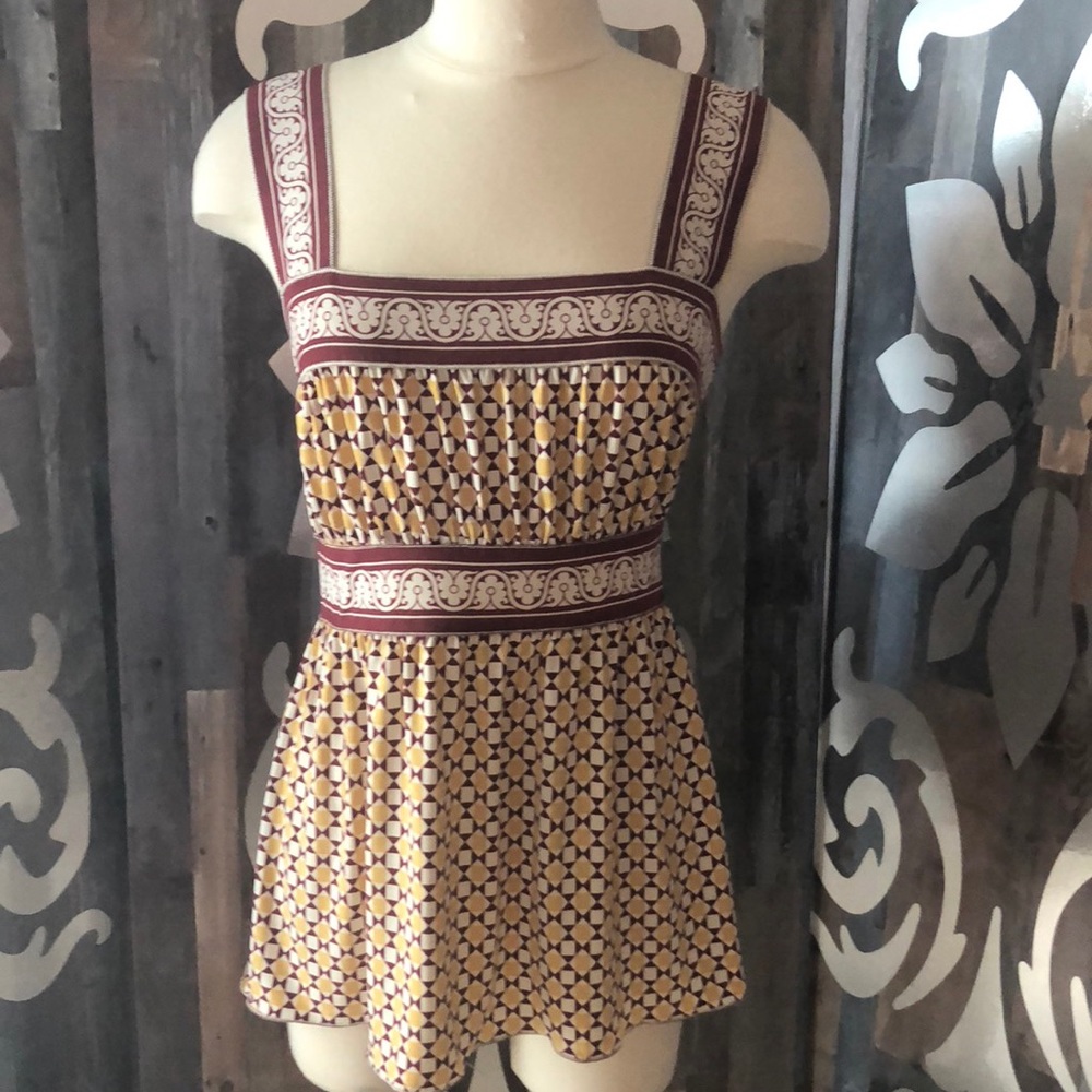 Boho‎ Geometric Empire Waist Tunic Top Sleeveless Square Neck Gold Brown Cream